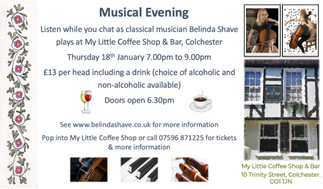 Belinda will be playing at My Little Coffee Shop and Bar in Colchester